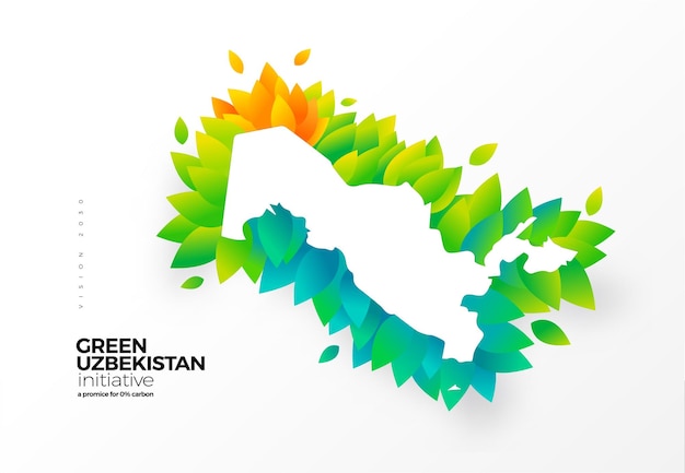 Idź Na Zielony Projekt Graficzny Inicjatywy Usuwania Węgla Mapa Uzbekistanu Z Zielonymi Liśćmi