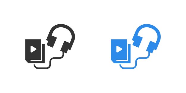 Ikona audiobooka do projektowania aplikacji Książka z przyciskiem głośnika audio Książki słuchawki i znaki Wektor odizolowany