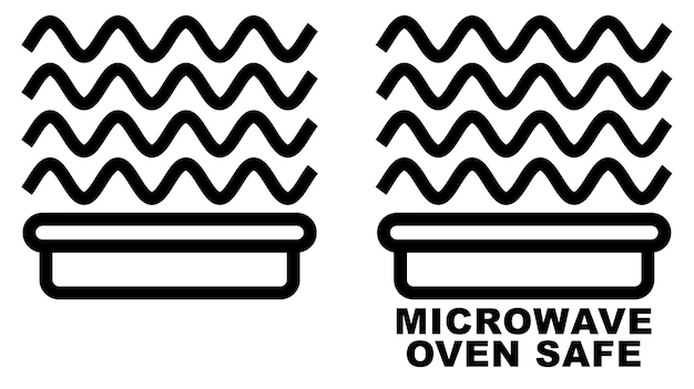 Ikona bezpiecznego pojemnika mikrofalowego. Proste czarne linie pojemnik na żywność rysunek z falami zatokowymi powyżej. Tylko symbol graficzny oraz wersja z tekstem.
