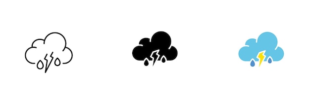 Ikona błyskawicy na tle chmur Prognoza pogody deszcz opady atmosferyczne transmisja telewizyjna Wektor zestaw ikon w stylach liniowych czarno-czerwonych na białym tle na białym tle