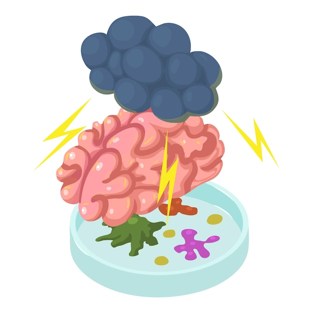 Plik wektorowy ikona choroby mózgu wektor izometryczny chmura z błyskawicą nad płytką petriego mózgu koncepcja choroby infekcji bakteryjnej