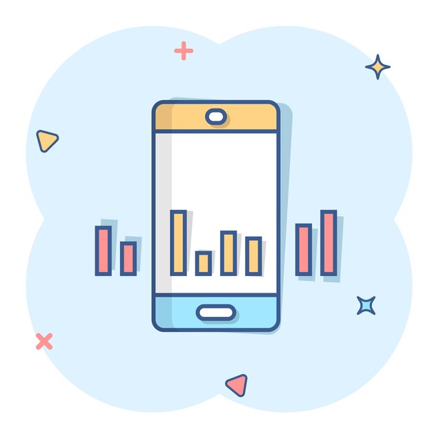 Ikona Diagramu Telefonu W Stylu Komiksowym Statystyka Wzrostu Smartfona Kreskówka Wektor Ilustracja Na Białym Tle Na Białym Tle Gadżet Analityki Efekt Powitalny Koncepcja Biznesowa