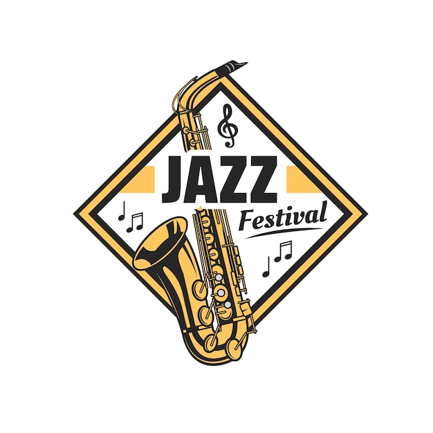 Plik wektorowy ikona festiwalu jazzowego z nutami saksofonu i klucz wiolinowy sax wektor mosiądz instrument muzyczny i symbole notacji na białym tle odznaka koncertu jazz fest koncert muzyki na żywo party blues show lub wydarzenie