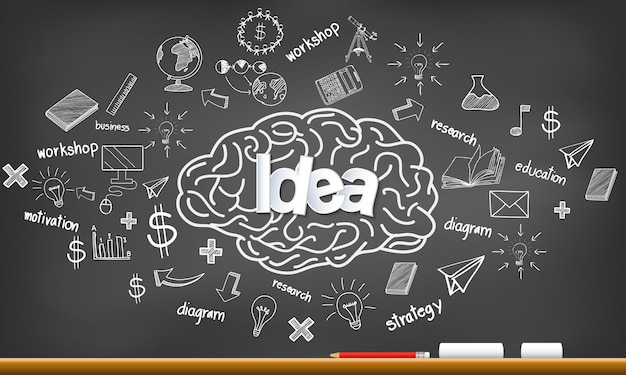 Ikona Głowy Mózgu Z Wieloma Pomysłami W Biznesie. Kreatywność. Rysunek Na Tablica Tło. Otwarty Umysł.