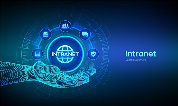 Ikona INTRANET w ręce robota Global Network Connection Koncepcja technologii na wirtualnym ekranie Intranet Business Komunikacja korporacyjna system zarządzania dokumentami dms Ilustracja wektorowa