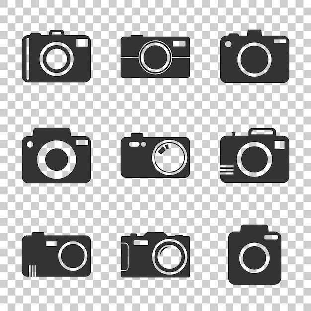 Ikona kamery ustawiona na odizolowanym tle Ilustracja wektorowa w stylu płaskim z ikonami fotograficznymi