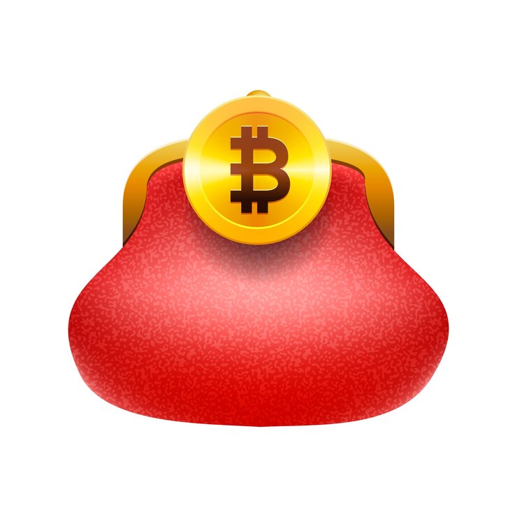 Wektor ikona koncepcja portfela bitcoin złoty bitcoin moneta czerwona torebka ilustracji wektorowych