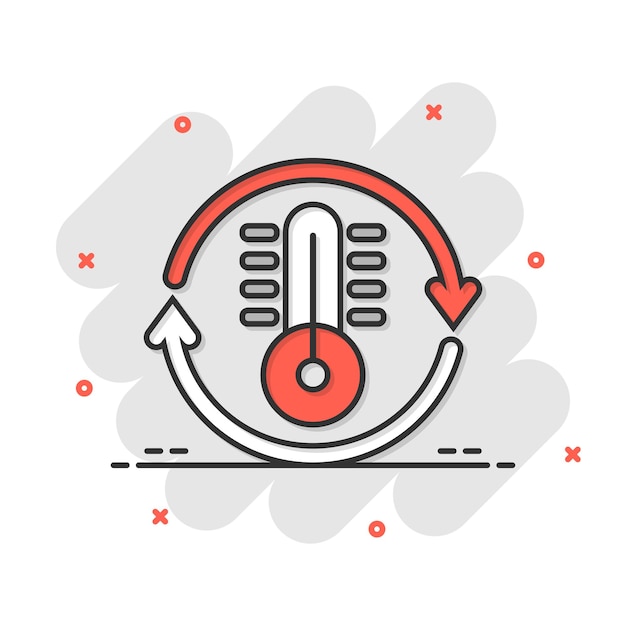 Plik wektorowy ikona kontroli klimatu termometr w stylu komiksowym meteorologia bilans kreskówka wektor ilustracja na białym tle na białym tle gorąco zimna temperatura splash efekt biznes koncepcja