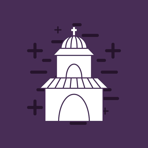 Ikona Kościoła Na Fioletowym Tle, Kolorowy Design. Ilustracji Wektorowych