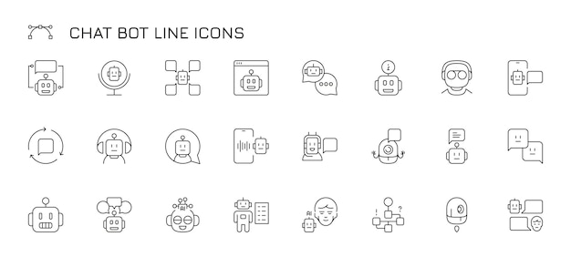 Ikona Linii Botów Czatowych Proste Ikony Robotic Speech Stroke Inteligentny Telefon Technologia Botów Czatowych Sztuczna Inteligencja Styl Płaski Wektor Izolowany Zestaw Operator W Słuchawkach Inteligentna Kamera Internetowa