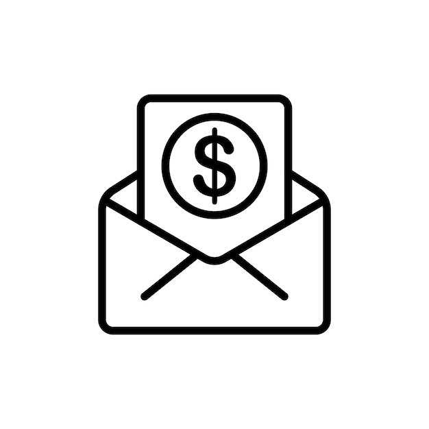 Plik wektorowy ikona linii płatnej poczty list koperty monety dolara adresata nadawcy korespondencji listów wyślij wiadomość koncepcja komunikacji wektor czarna linia ikona na białym tle