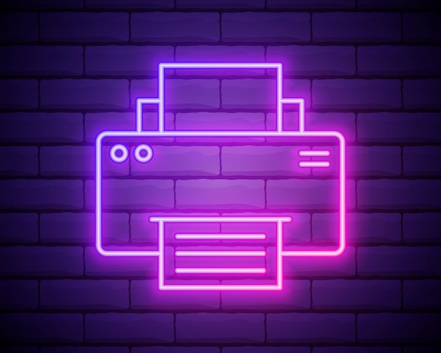Ikona neon drukarki Elementy zestawu technologii Prosta ikona dla stron internetowych projektowanie stron internetowych grafika informacyjna o aplikacji mobilnej wyizolowana na ścianie z cegły