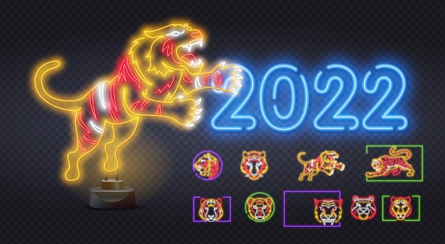Ikona Numeru Neonowego Tygrysa 2022. Szczęśliwego Nowego Roku Tygrysa Niebieskiej Wody. Pomarańczowy Styl Neon Na Czarnym Tle. Ikona światła