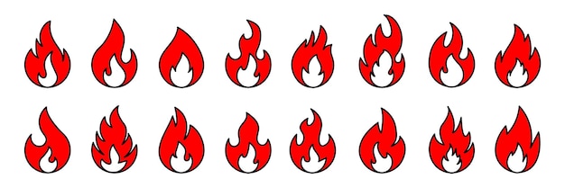 Ikona Ognia Zestaw Ikon Ognia Symbol Płomienia Ognia Sylwetka Ogniska Symbole Płomieni Ustawione W Stylu Płaski