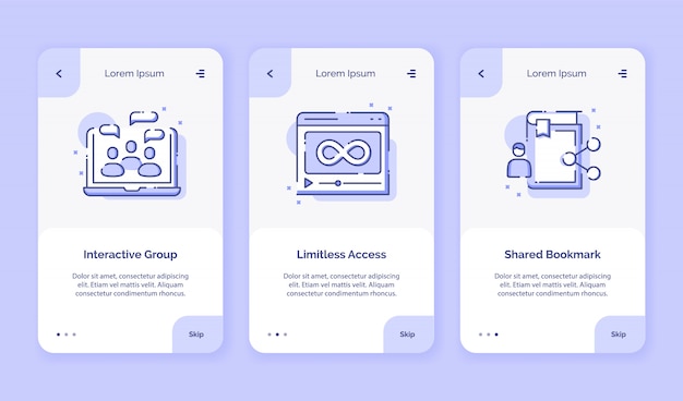 Ikona Onboarding Kurs Online Interaktywna Grupa Nieograniczony Dostęp Wspólna Zakładka Do Szablonu Strony Głównej Kampanii Aplikacji Mobilnych Z Płaskim Stylem Konturu.