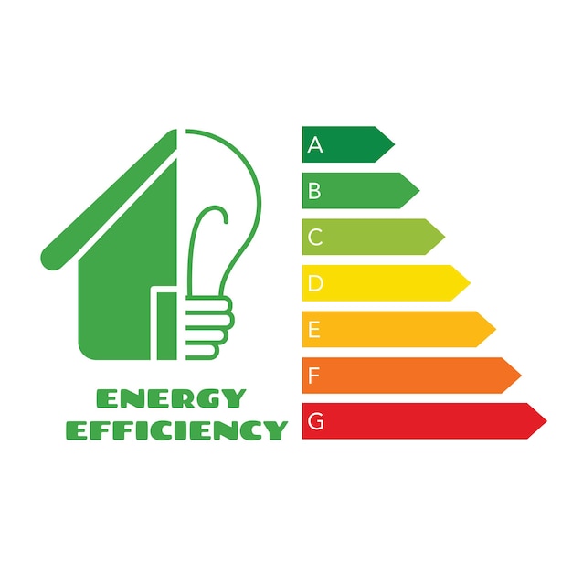 Plik wektorowy ikona pół domu i żarówki z znakiem wykresu efektywności energetycznej klasy energetycznej ikona oszczędności energii xa