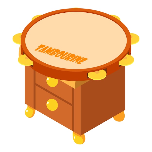 Ikona Tamburynu Wektor Izometryczny Instrument Perkusyjny Na Drewnianej Szafce Nocnej Koncepcja Muzyki I Sztuki
