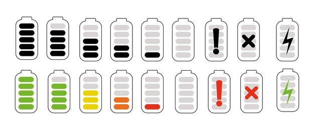 Plik wektorowy ikona wektora baterii, ładowania, błędu i niskiej baterii