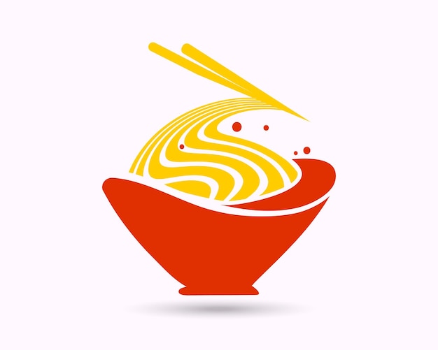 Plik wektorowy ikona wektora kreskówki miski makaronu, błyszcząca czerwona miska z ilustracją logo pomarańczowego makaronu