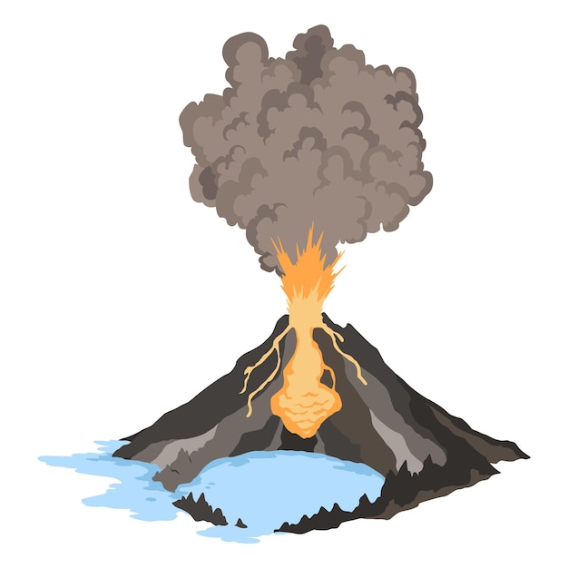 Ikona wulkanu Natura magmy wysadzenie dymem Przebudzony wulkan aktywność element ognia i dymu Erupcja wulkanu Płaska kreskówka wektor izolowana ilustracja