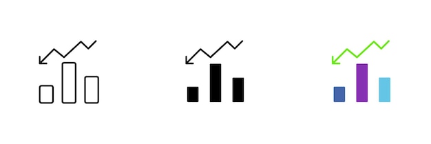 Ikona wykresu ze strzałką w dół Straty nie powiodły się inwestycje zły kwartał finansowy Wektor zestaw ikon w stylach linii czarny i kolorowy na białym tle