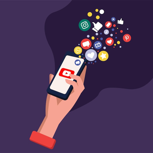 Ikona YouTube na smartfonie dużo kciuków w górę, miłość i więcej udostępniania w aplikacjach społecznościowych