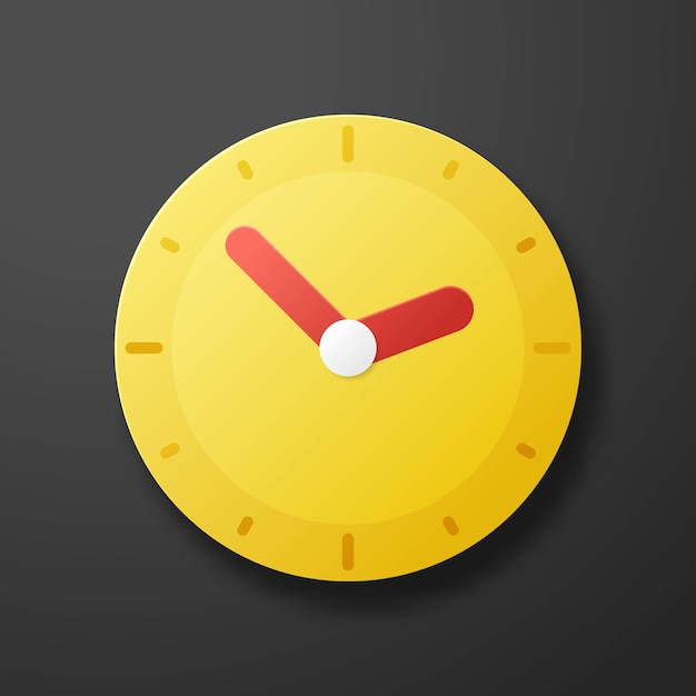 Ikona zegara żółty symbol czasu z czarnym tłem styl cięcia papieru 3D