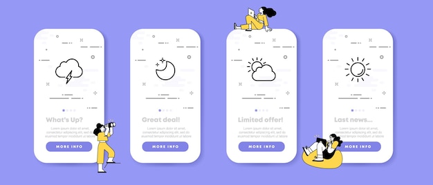 Ikona Zestawu Pogody Burza Z Piorunami Chmura Księżyc Słońce Ciepło Pochmurne Niebo Koncepcja Ui Telefonu Aplikacji Ekrany Z Ludźmi Wektor Linii Ikona Dla Biznesu I Reklamy