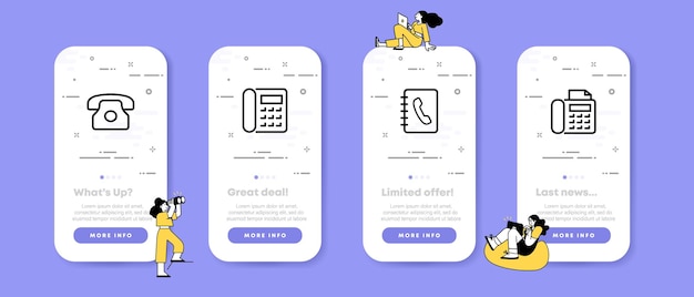 Ikona Zestawu Telefonu Stacjonarnego Telefon Przewodowy Telefon Domowy Książka Telefoniczna Koncepcja Komunikacji Ekrany Aplikacji Telefonu Ui Z Ludźmi Wektor Ikona Linii Dla Biznesu I Reklamy