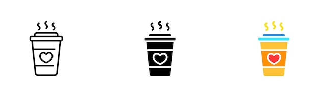 Plik wektorowy ikona zestawu ulubionych napojów rysunek na kawie gorący napój serce kubek gorący zimny spodek latte przerwa odpoczynek poranne śniadanie koncepcja napoju wektor ikona w stylu czarno-kolorowym linii