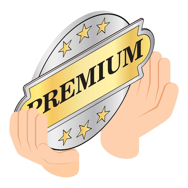 Plik wektorowy ikona znaku premium wektor izometryczny złoty znak jakości premium w ikonie ludzkiej ręki koncepcja jakości