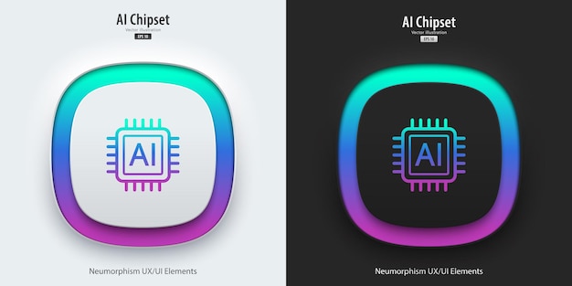 Ikonka chipów procesorów AI Zestaw przycisków z symbolami chipów Koncepcja technologii sztucznej inteligencji Styl Neumorfizmu UI Projekt UX Ilustracja wektorowa