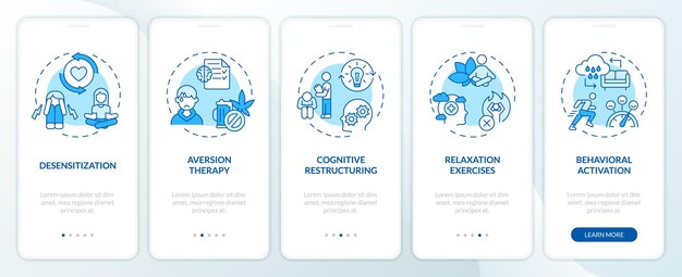Ikony 2D reprezentujące zestaw ekranów aplikacji mobilnej do terapii behawioralnej Przewodnik 5 kroków niebieskie instrukcje graficzne z koncepcją ikon cienkich linii UI Szablon UX GUI