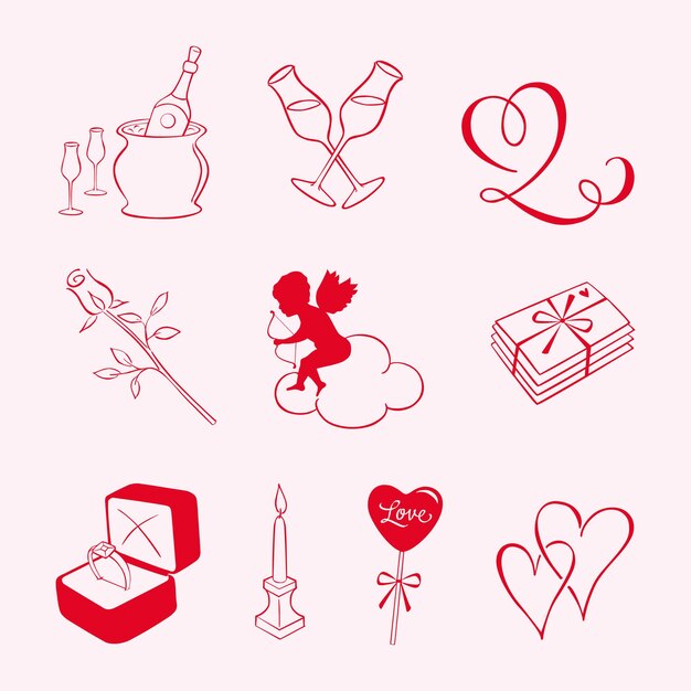 Plik wektorowy ikony dnia walentynek z pudełkiem prezentowym cupida, sercem, świecami, ciastem szampana i innymi