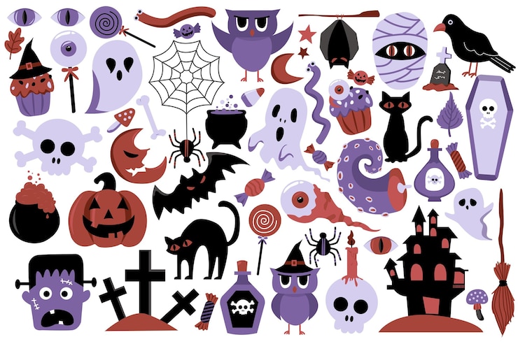 Wektor ikony halloween ustaw koncepcję bez sceny ludzi w projekcie kreskówki płaskiej obrazy atrybutów i elementów do obchodów ilustracji wektorowych halloween