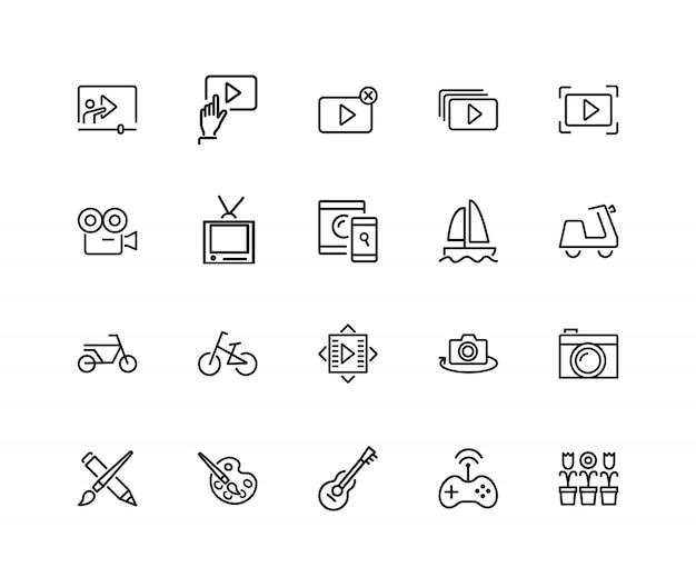 Ikony Hobby. Zestaw Dwudziestu Linii Ikon. Webinar, Muzyka, Sztuka