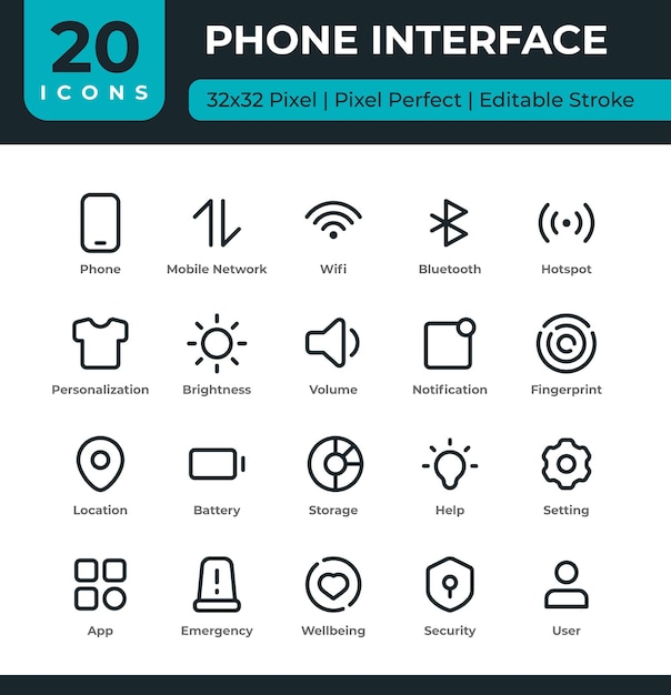 Ikony interfejsu telefonu ustawione w prostych ikonach liniowych i edytowalnym pociągu w 32 x 32 pikselach doskonałe