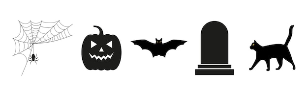 Ikony na Halloween Dynia pajęczyna kot nietoperz i nagrobek Grafika wektorowa