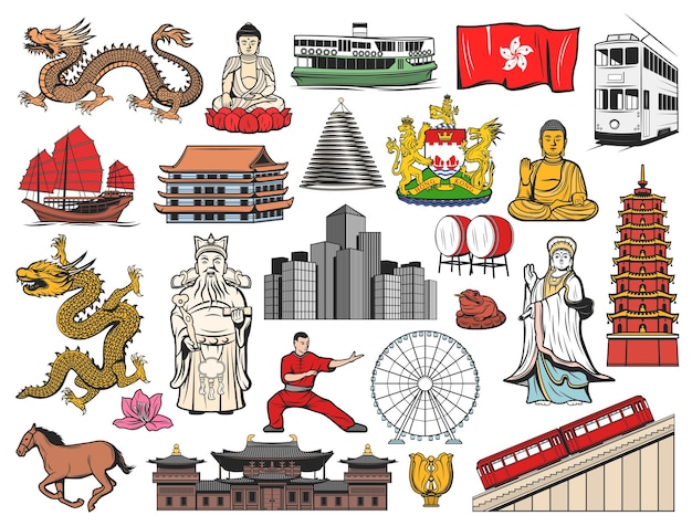 Plik wektorowy ikony podróży hongkongu i chin z flagą, kwiatem bauhinia, buddą, świątynią i budynkami pagody. smok, szczytowy tramwaj i wieżowce, herb