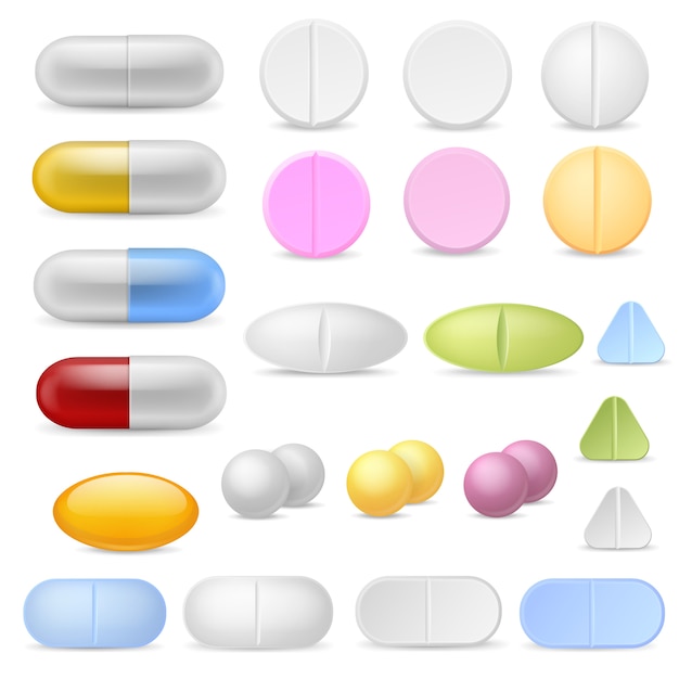 Ikony realistyczne pigułki. Leki tabletki kapsułki leki przeciwbólowe antybiotyki witaminy. Zestaw farmaceutyczny