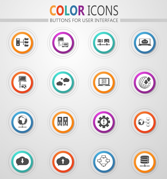 Ikony Sieci Serwera Internetowego Na Okrągłych Białych Przyciskach Z Kolorowymi Pociągnięciami