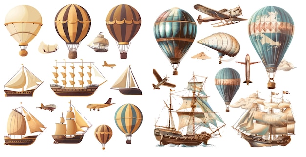 Plik wektorowy ikony wektorowe samolotów, statków, balonów powietrznych