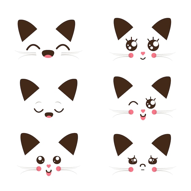 Ikony Z Głowami Kotów Zestaw Płaskich Kotów Z Kreskówek W Stylu Kawaii Izolowany Zbiór Emotikonów Z Twarzami Kotów