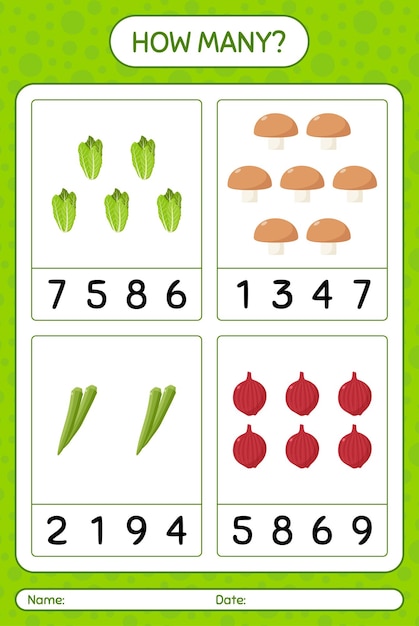 Ile Liczenie Gry Z Warzywami. Arkusz Roboczy Dla Dzieci W Wieku Przedszkolnym, Arkusz Aktywności Dla Dzieci, Arkusz Do Druku