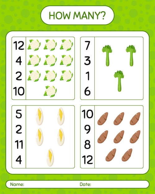 Ile Liczenie Gry Z Warzywami. Arkusz Roboczy Dla Dzieci W Wieku Przedszkolnym, Arkusz Aktywności Dla Dzieci, Arkusz Do Druku