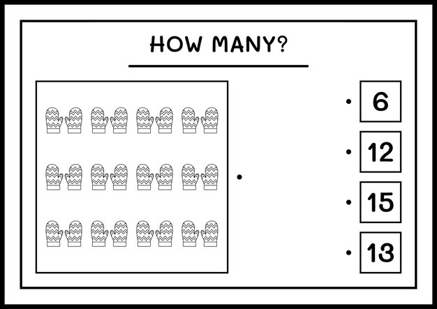 Plik wektorowy ile rękawic zimowych, gra dla dzieci. ilustracja wektorowa, arkusz do druku