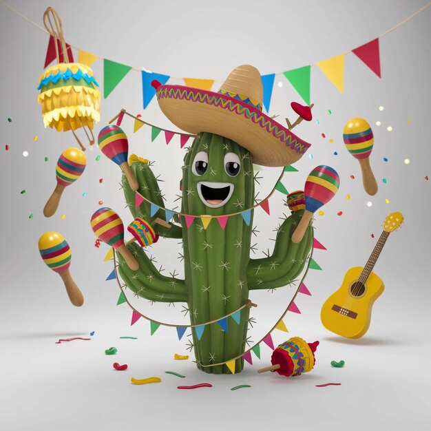 Plik wektorowy ilustracja 3d kaktusa wrzuconego do świątecznego cinco de mayo