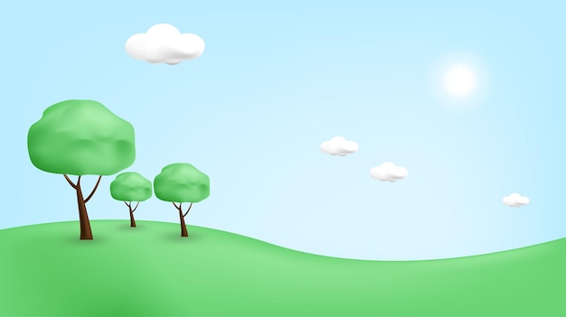 Ilustracja 3D krajobrazu gór i wzgórz z 3D chmurami drzew i słońcem
