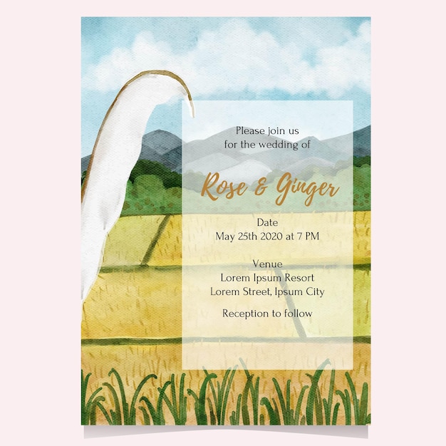 Plik wektorowy ilustracja akwarela pola ryżowego dla karty, zaproszenia, plakat