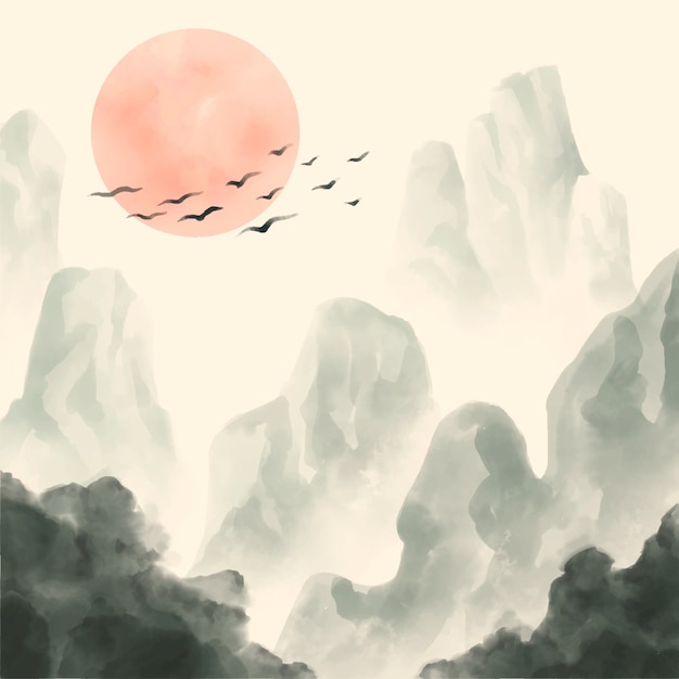 Ilustracja akwarela w stylu chińskim